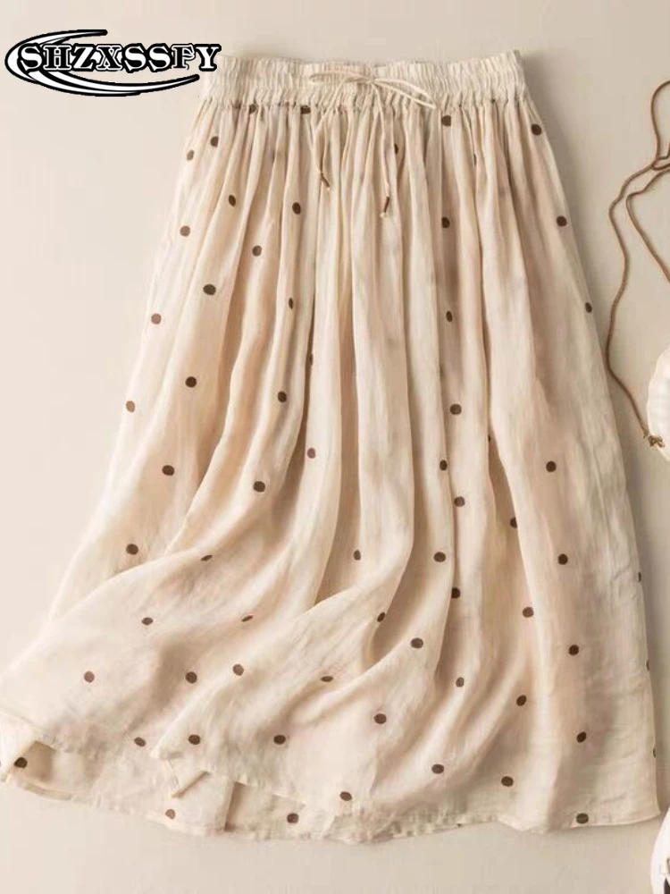 

Women's Summer Skirt Elastic Waist Casual Polka Dot Midi Skirt High Waist Lace Up Thin Pure Cotton Loose Retro Green Tulle Skirt