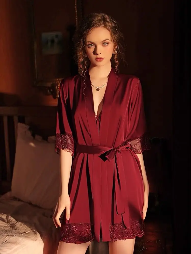 

Half Sleeve Robe Sets Night Dress Women Satin Silk Sleepwear Luxury Lace Nightgown Victorian Fancy Nightshirts Bathrobe Gown