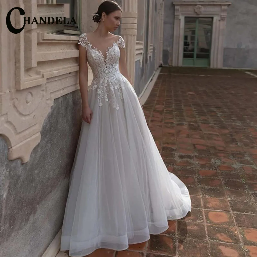 

CHANDELA Elegant Wedding Dresses Scoop Cap Sleeve A-Line Pleat Appliques Bridal Gown Vestido De Casamento Customised For Women