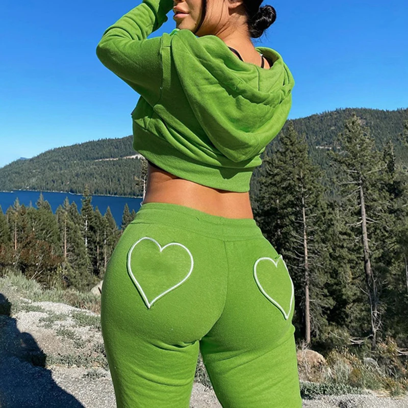 

Green Y2k Tops Sportswear Heart Embroidery Casual Set Women Harajuku 2021 Sexy Zipper Hoodies Crop Top Jackets Hooded Streetwear