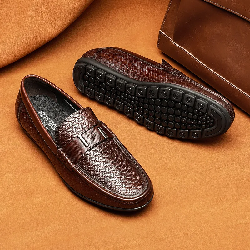 

Leather shoes men's casual business beanie shoes leather fashion all-match top layer cowhide embossed slip-on men's shoes