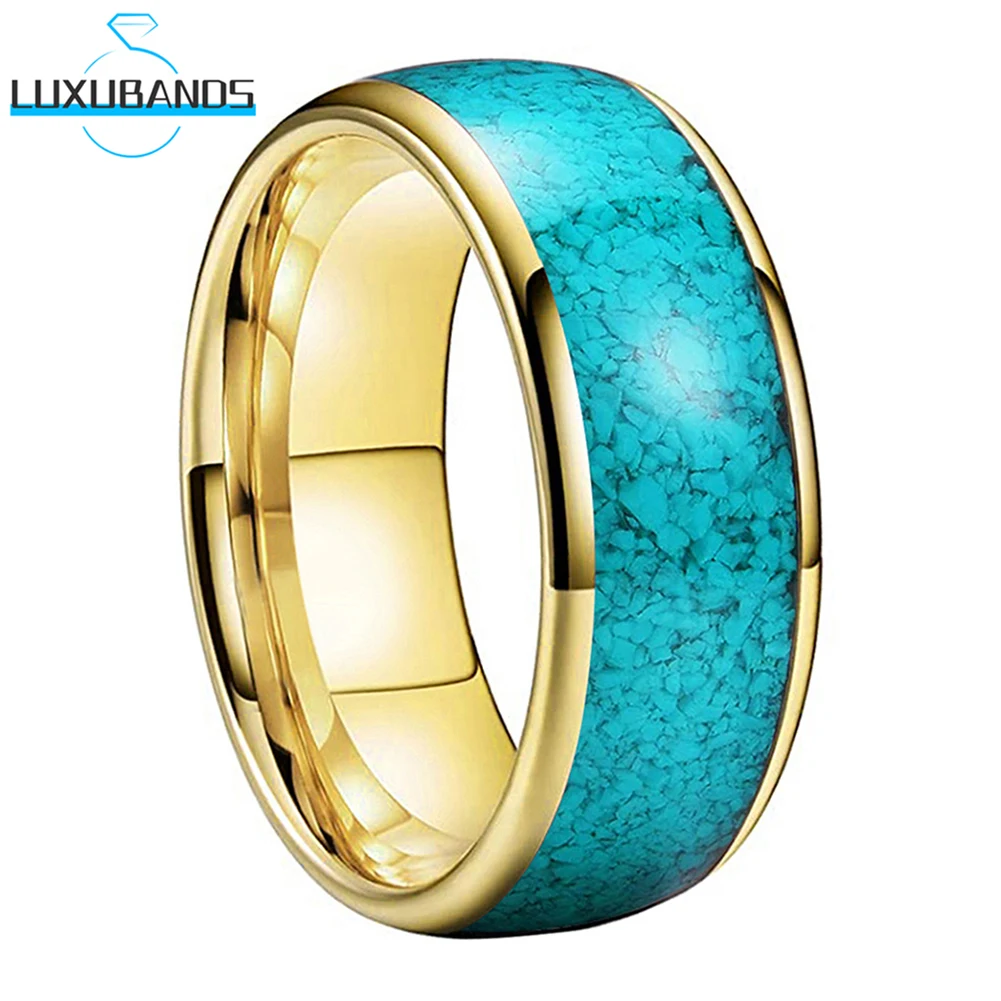 

Black Gold Rose Tungsten Wedding Ring 6mm 8mm For Men Wemen Beautiful Turquoise Inlay Domed Polished Finish Comfort Fit