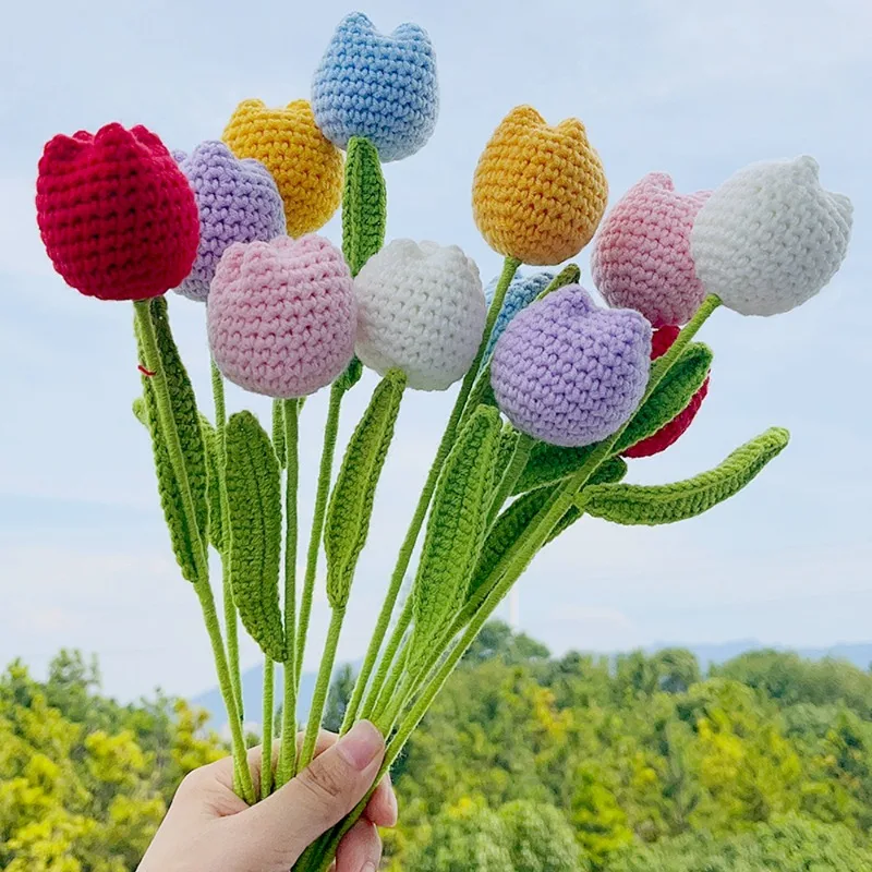

Knitted Flower Rose Tulips Fake Flowers Artificial Bouquet Wedding Decoration Hand-Woven Crochet Home Table Decorate Gift