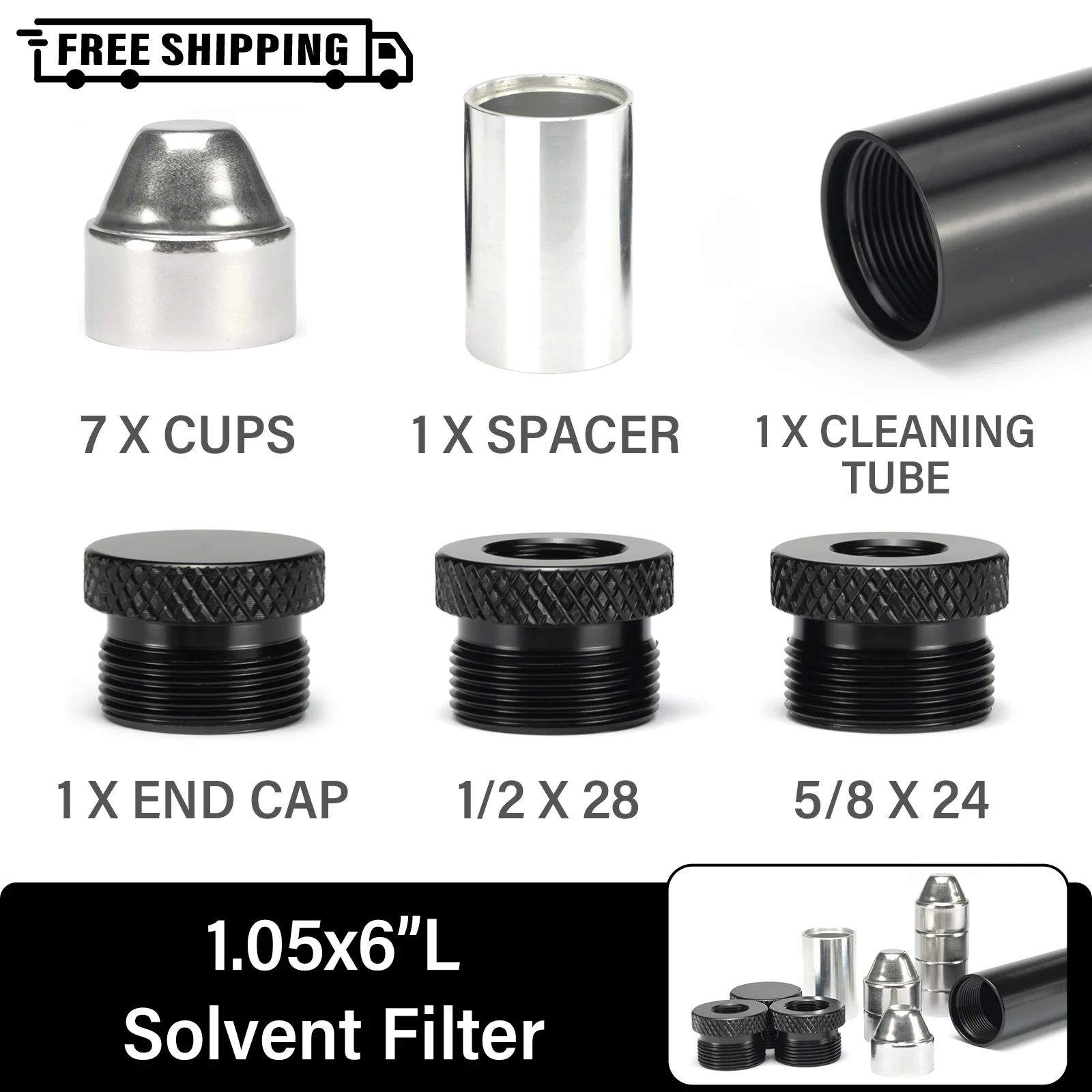 

7''L 1.063"OD 7/8"ID Aluminum Solvent Cleaning Tube Filter end caps 1/2x28 and 5/8x24 with 7pcs Stainless Steel Baffle Cone Cups