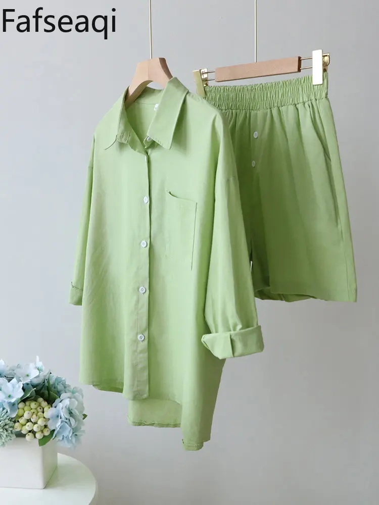 

Cotton Linen Suit with Shorts for Women Summer Green Button Up Shirt Home Two-piece Set 2023 Wide Leg Pants Women's Tracksuit