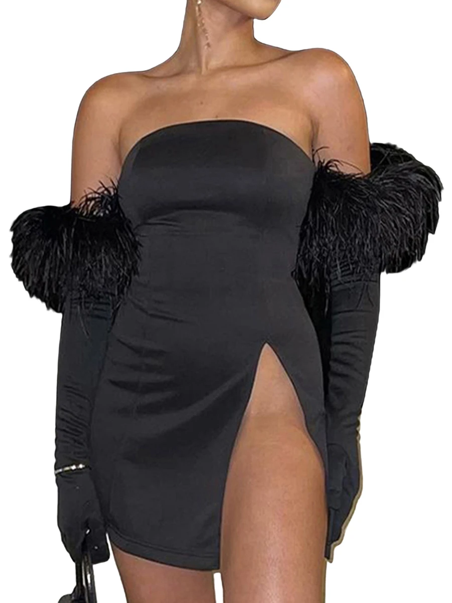 

Women Bodycon Tube Dress Strapless Solid Color Cocktail Party Dress Feather Trim Gloves Set