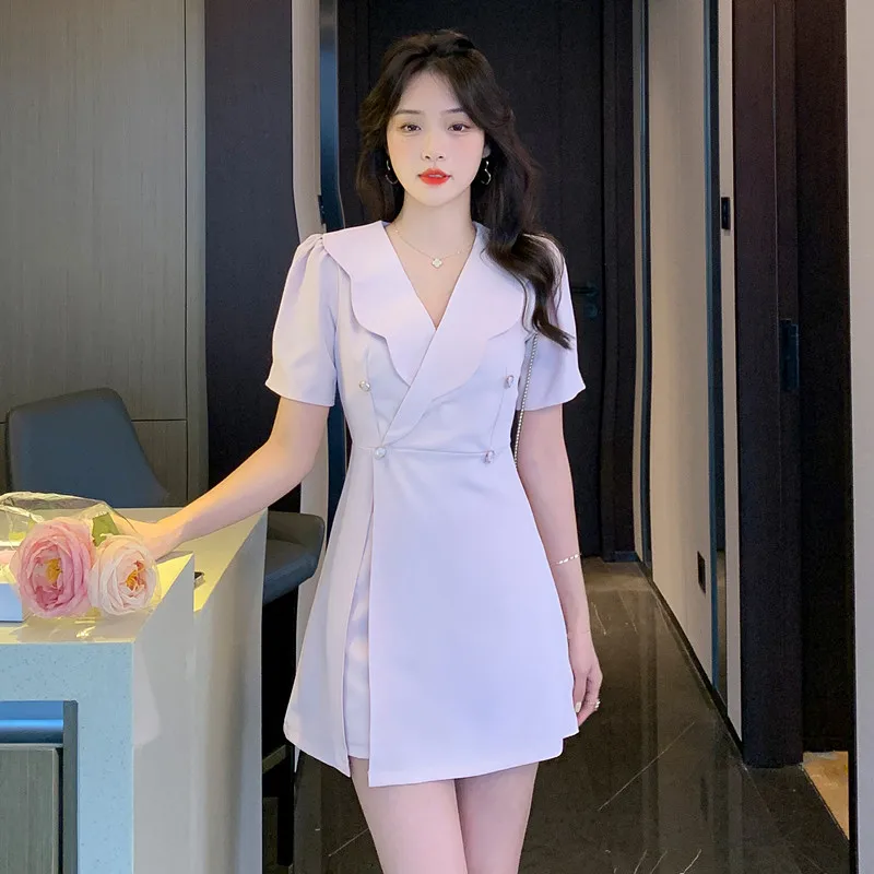 

2022 Summer New Elegant Blazer Dress Outfits Bodycon Puff Sleeve Split Dress and Shorts Two-Piece Set Female Cutting Outfits