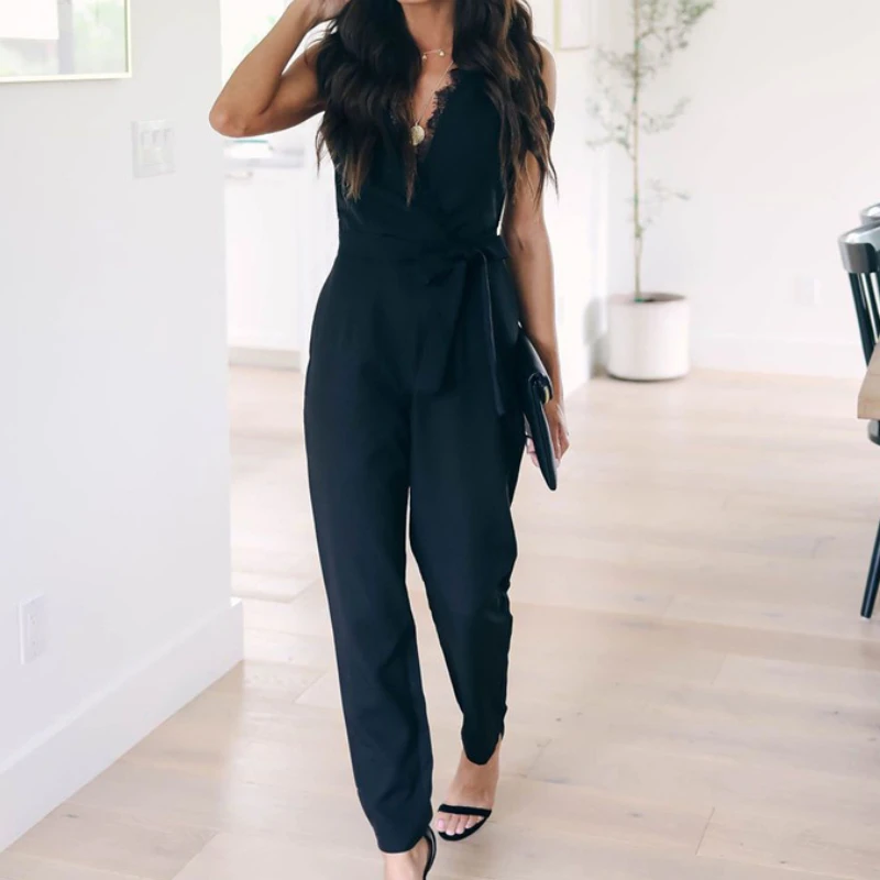 Women Solid Bandage Casual Jumpsuits 2023 Summer Fashion Lace Sleeveless V-neck Pocket Long Pants Rompers Black Jumpsuit Female