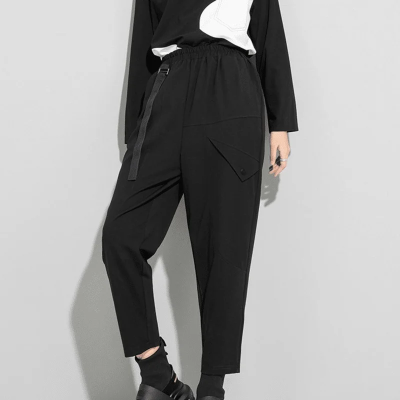

XUXI Women Nine-Points Pants Spring Autumn 2021 New Elastic-Waist Black Casual Fashion Harem-Pants Trousers E4668