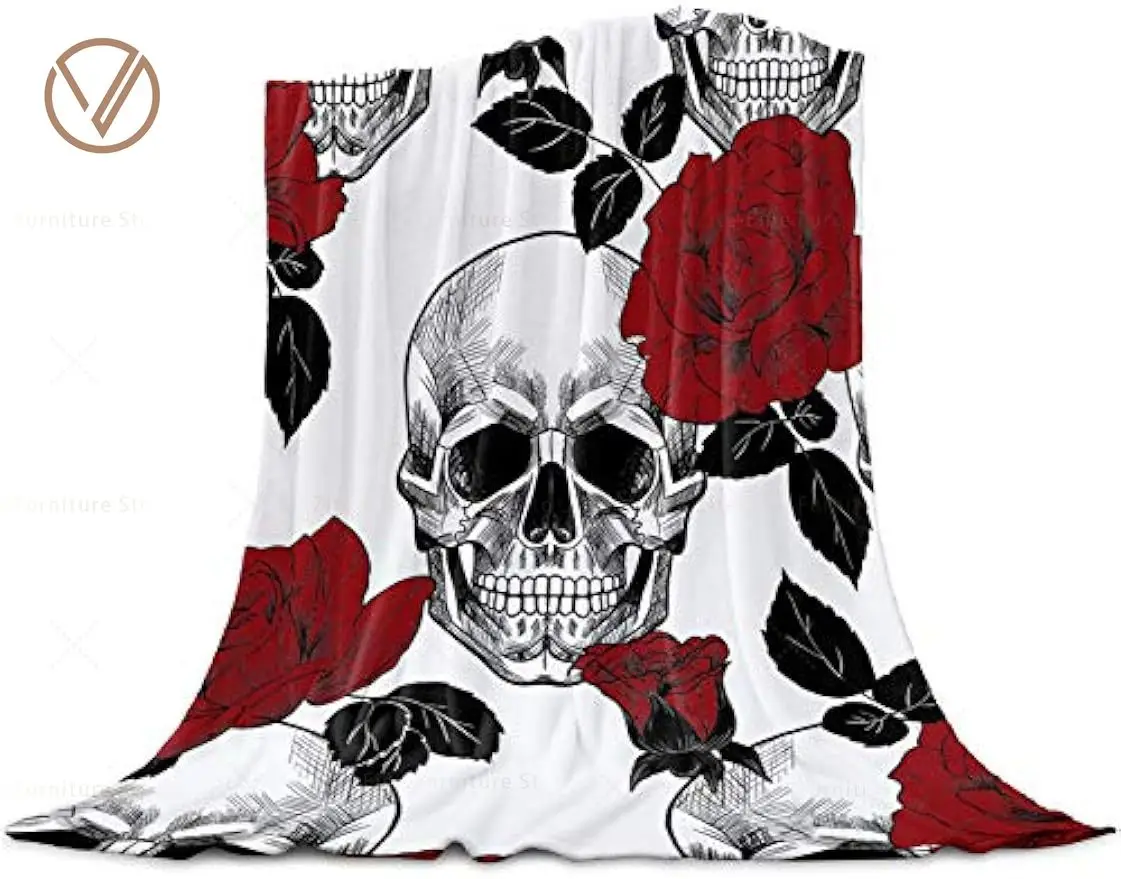 

Фланелевое Флисовое одеяло с декором череп и красная роза ультра мягкое легкое одеяло с рисунком скелета цветов теплый уютный диван для кровати