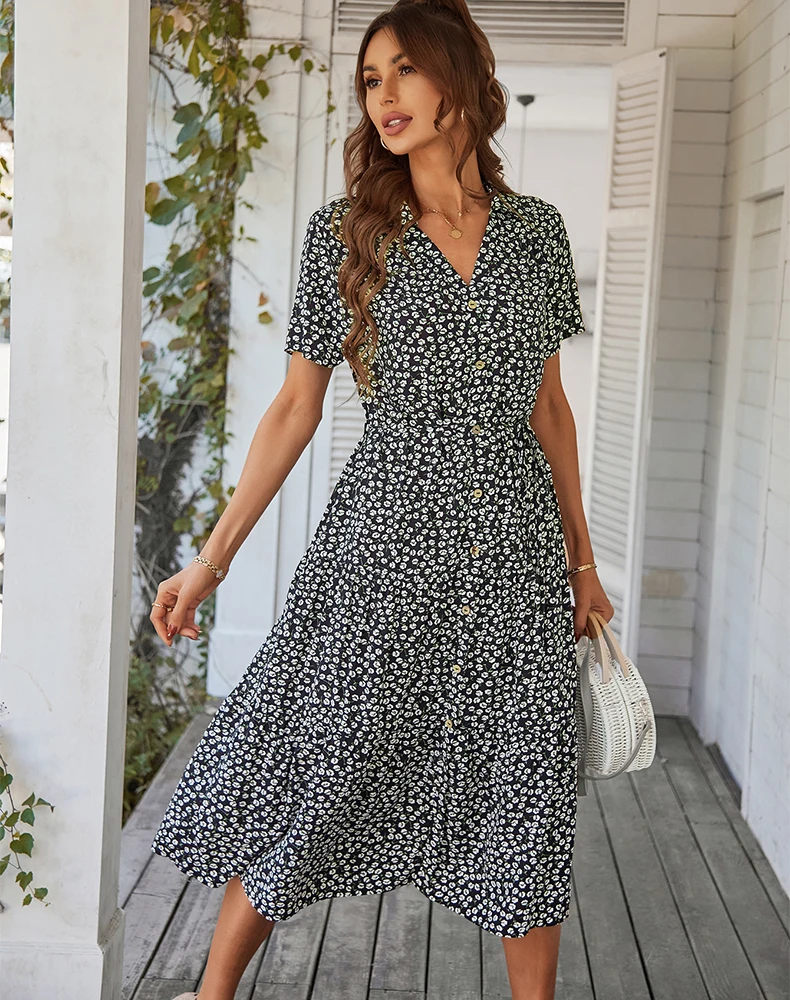 

Женское платье-миди с цветочным принтом, V-образным вырезом и коротким рукавом