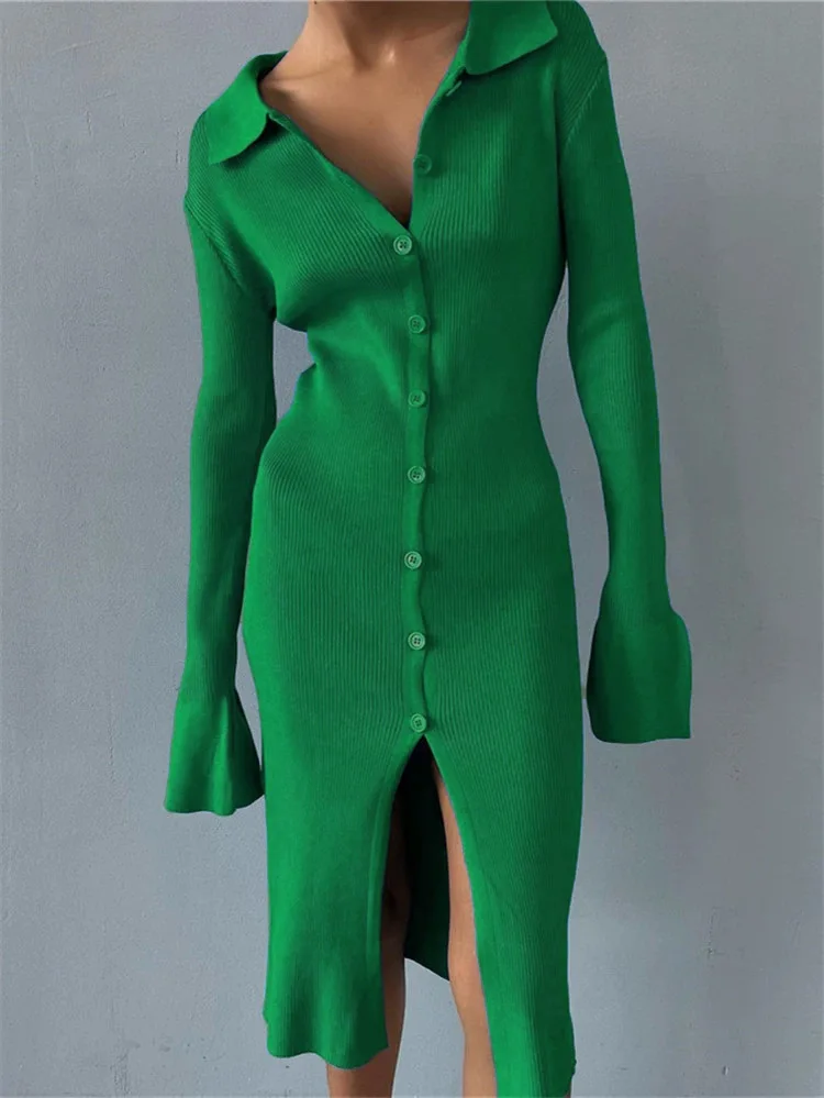 

Knitting Solid Lapel Flare Sleeve Bodycon Dress Sexy Single Breasted Maxi Dresses for Women 2022 Winter Buttons Casual Dress