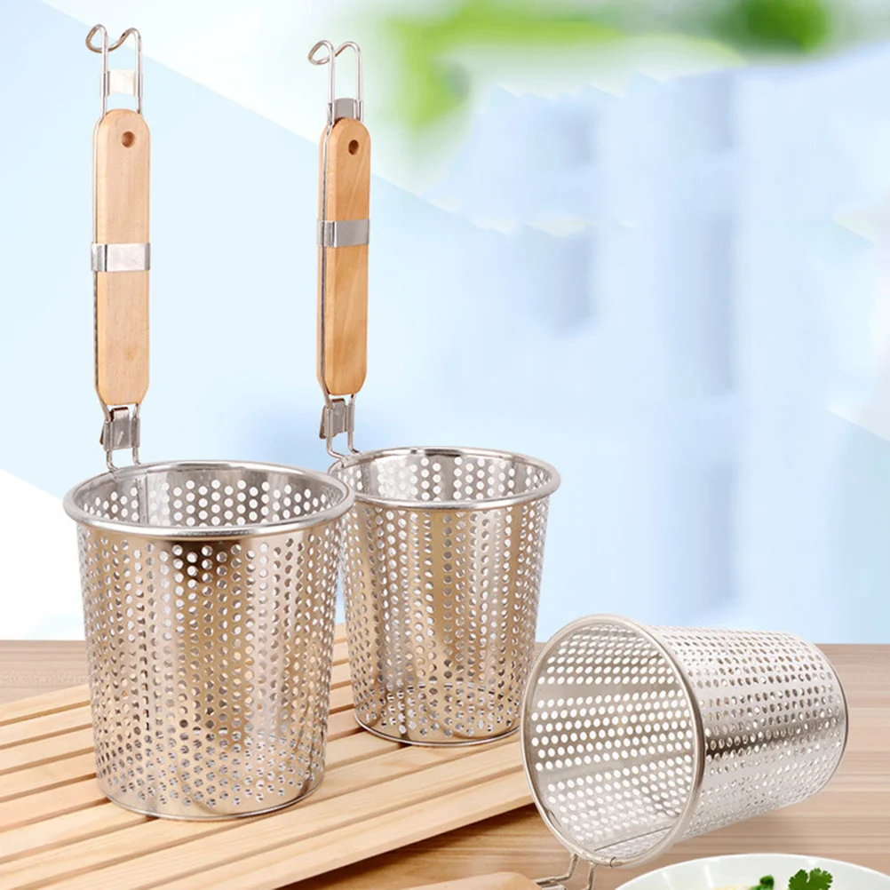 

ramen pot noodle strainer basket fine mesh pasta rice cooker sieve skimmer- Stainless Steel Strainer Basket Wooden Handle- Wire