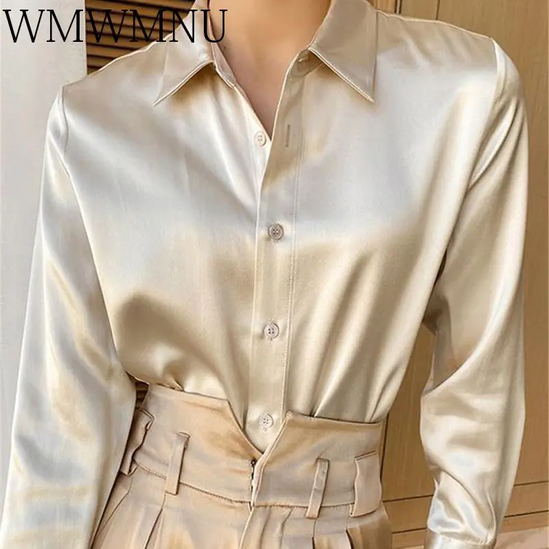 

Women Korean Satin Blouses 3XL Long Sleeve Acetate Shirts Feminine Blusas Fashion Streetwear Tops Mujer Camisas Elegant Clothes