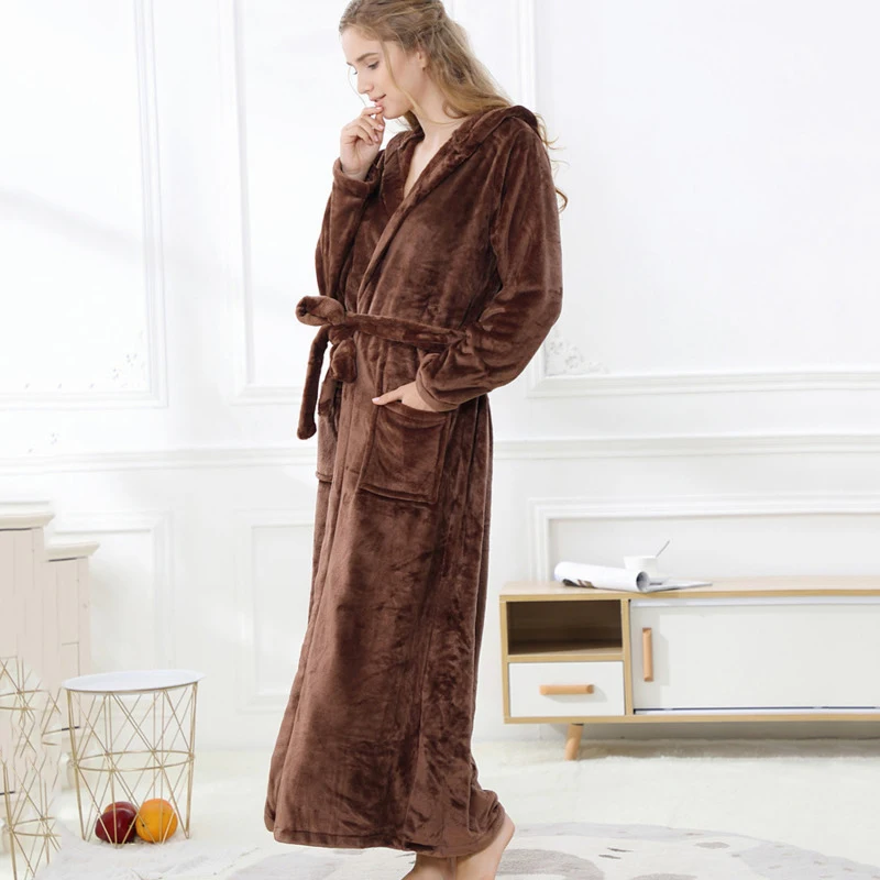 Winter Womens Bathrobe Flannel Fleece Hood Warm Thicken Robe Gowns Couples Thermal Homewear Robes Sleepwear Night Dressing Gown