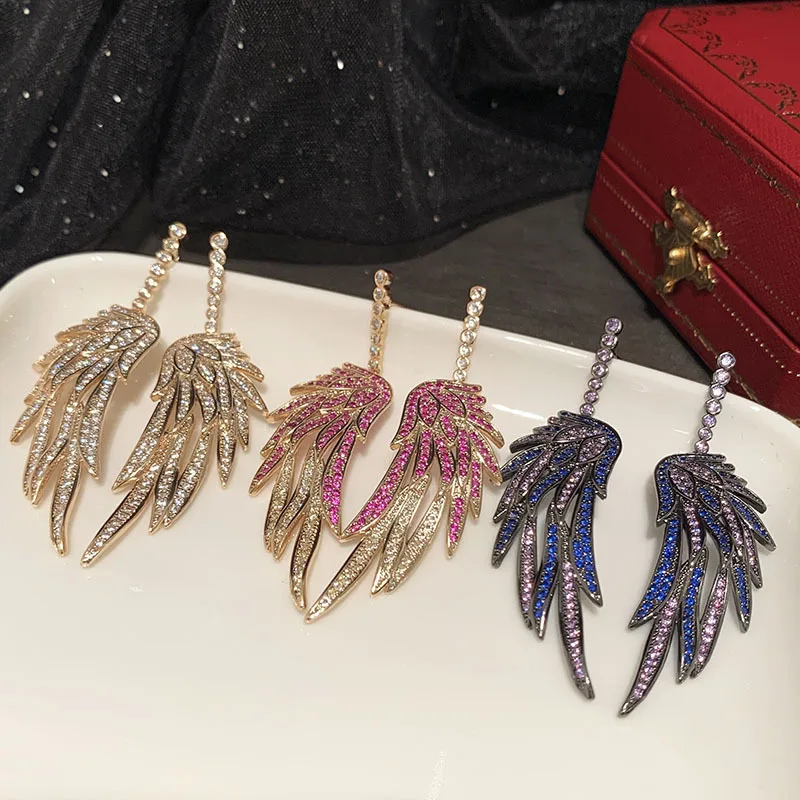 

Luxury Fashion Full Cubic Zirconia Dangle Drop Earrings for Women Feather Wing Korean Trend Wedding Party Banquet Jewelry Gift