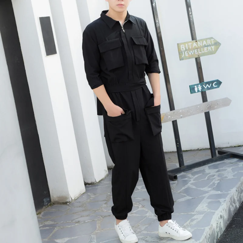 Korean Spring New Male Cotton Jumpsuits Hair Stylist Slim Overalls Tide Men Fashion Casual Multi-pocket Nine Pants Plus Szie