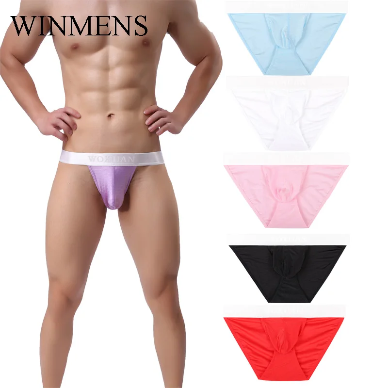 

5 Pcs/Lot Men's Panties Gay Sexy Briefs Underpants Solid Silky Sissy Bulge Pouch Jockstraps Candy Color High-slit Lingerie