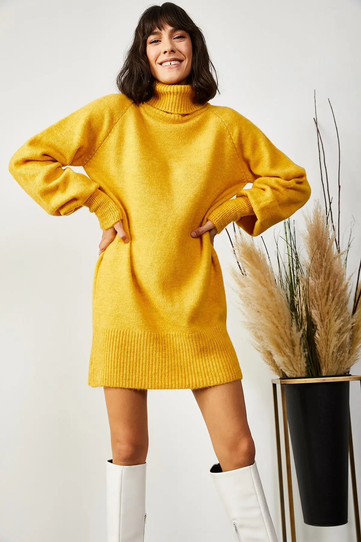 

Women's Mustard Fisherman Neck Balloon Sleeve Knitwear Dress ELB-19000867 Basic Cool Comfort Long Regular Mini Yellow Plain Sweater