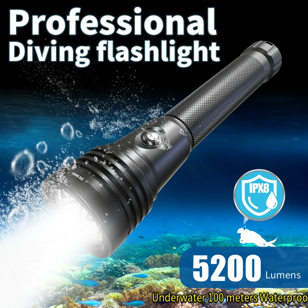 Enlarge 100Meter Waterproof Depth Professional Diving Flashlight 5200Lumens 26650 Battery Diving Torch