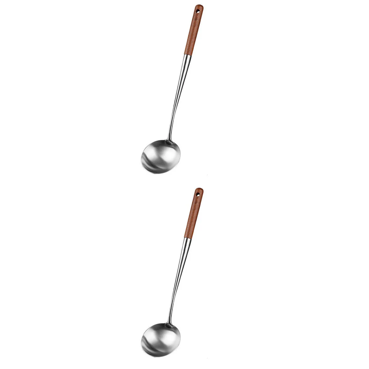 

2pcs Wooden Handle Soup Ladle Multi-purpose Spoon Stainless Steel Soup Spoon