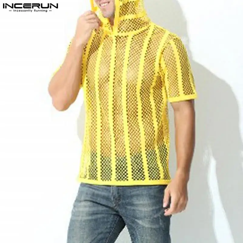 

Футболка мужская сетчатая прозрачная в полоску, с капюшоном и коротким рукавом