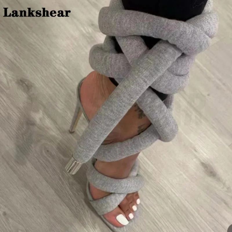 Grey Ring with Super High Heel Cross Strap Sandals Square Toe Stiletto Women's Sandals Foot Fashion Catwalk Sandals Women
