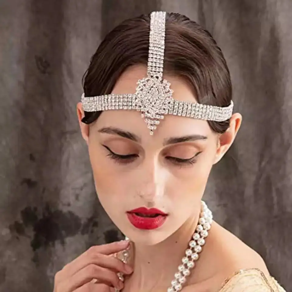 

Indian Wedding Hair Jewelry Rhinestone Head Chain for Women Bridal Hair Tiara Forehead Chain Drop Shape Crystal Headband