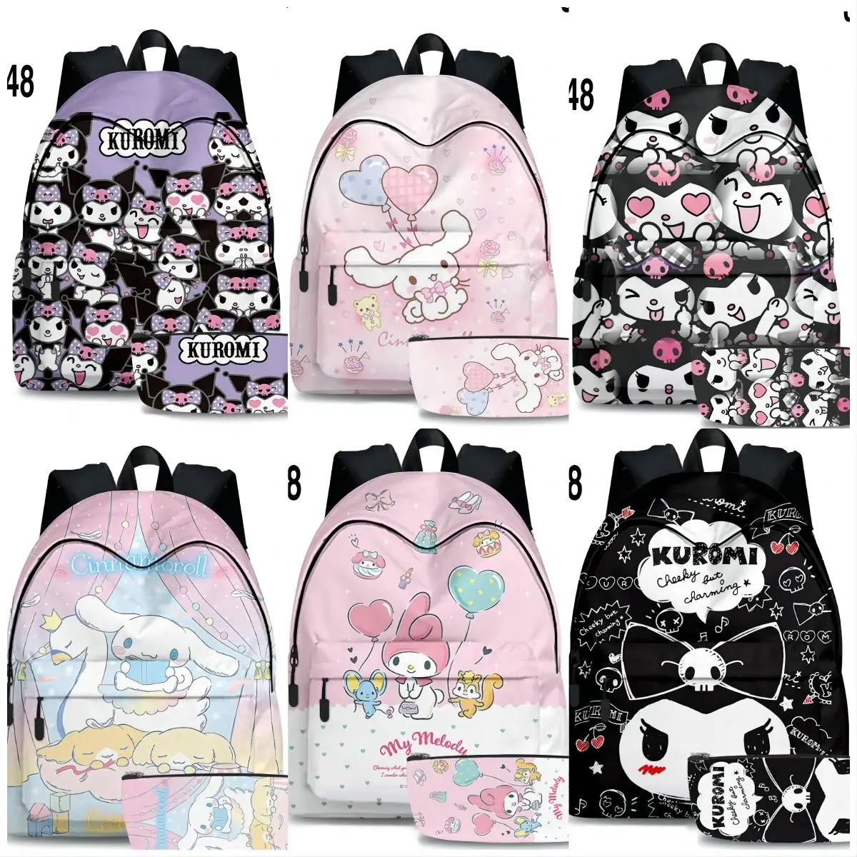 

2PC Sanrio Anime My Melody Kuromi Cinnamoroll Backpack Children's Schoolbag Boys and Girls Backpack Zipper Children's Mochila