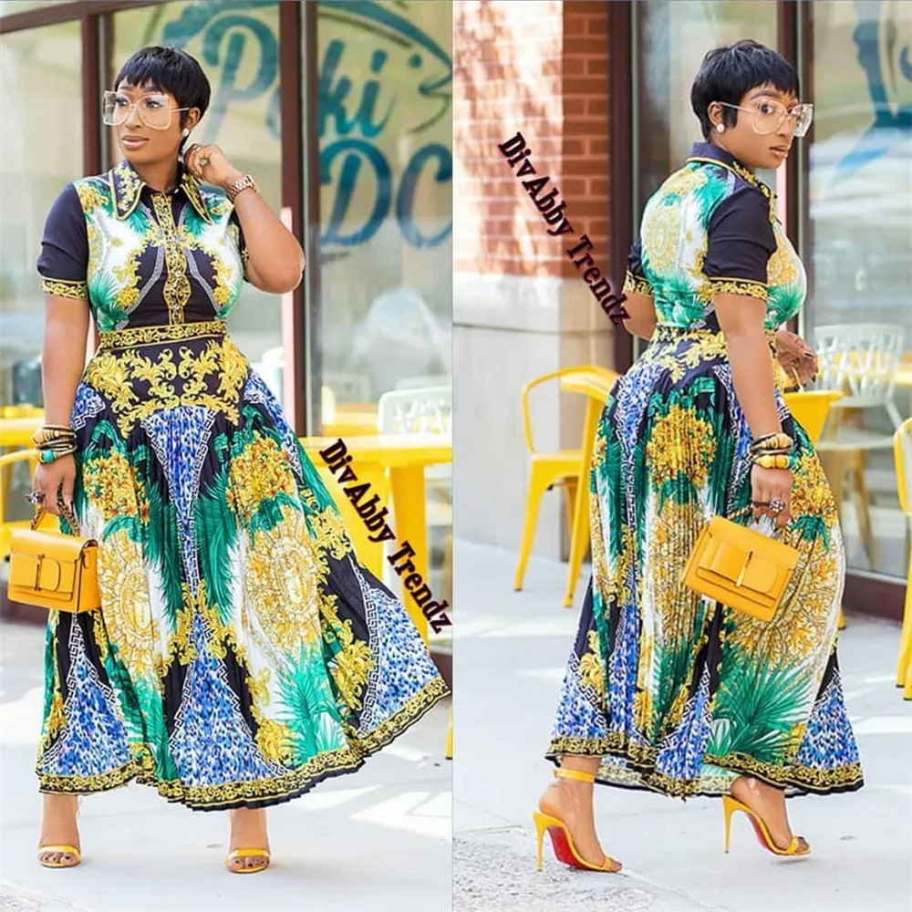 

Модное платье-рубашка, Черное женское офисное платье с принтом, Повседневная летняя плиссированная одежда макси в африканском стиле для же...