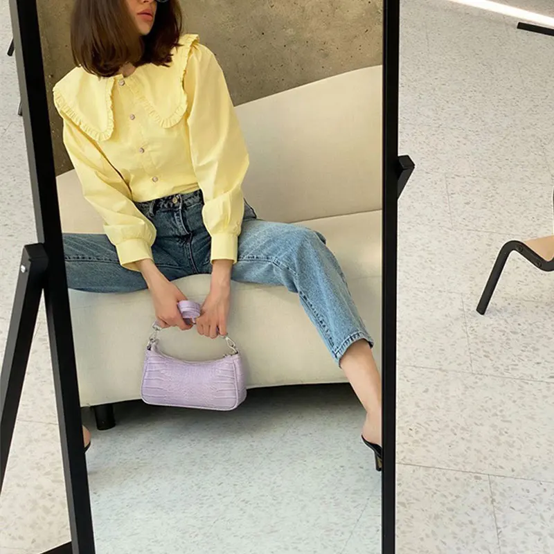 

Осенняя женская рубашка с длинными рукавами 2021, модная Ретро блузка с кукольным воротником, желтая Повседневная Хлопковая женская рубашка, ...