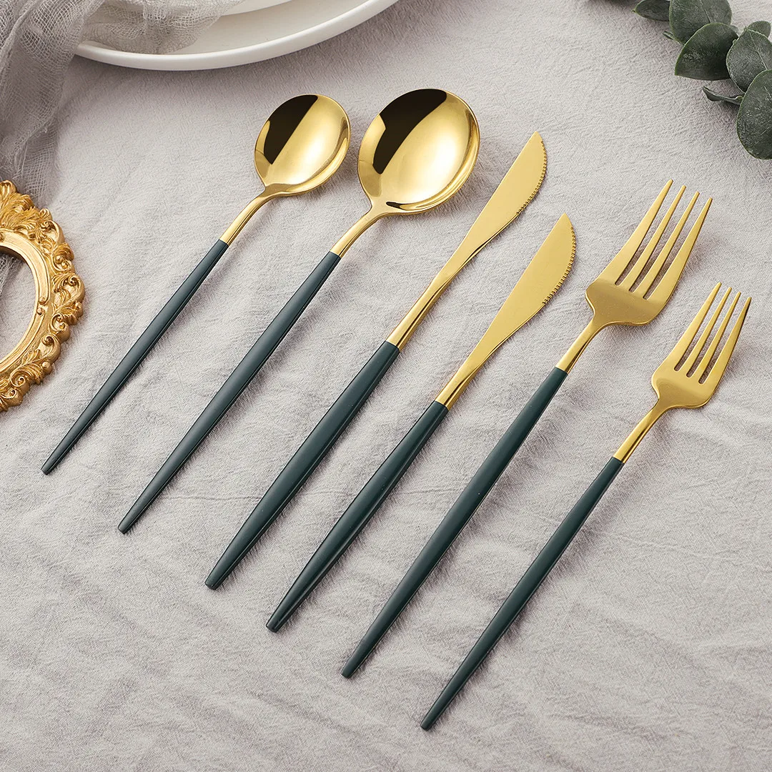 

Western Green Gold Cutlery Set 6pcs Stainless Steel Dinnerware Set Knife Fork Spoon Kitchen Tableware Set Flatware Wholesale