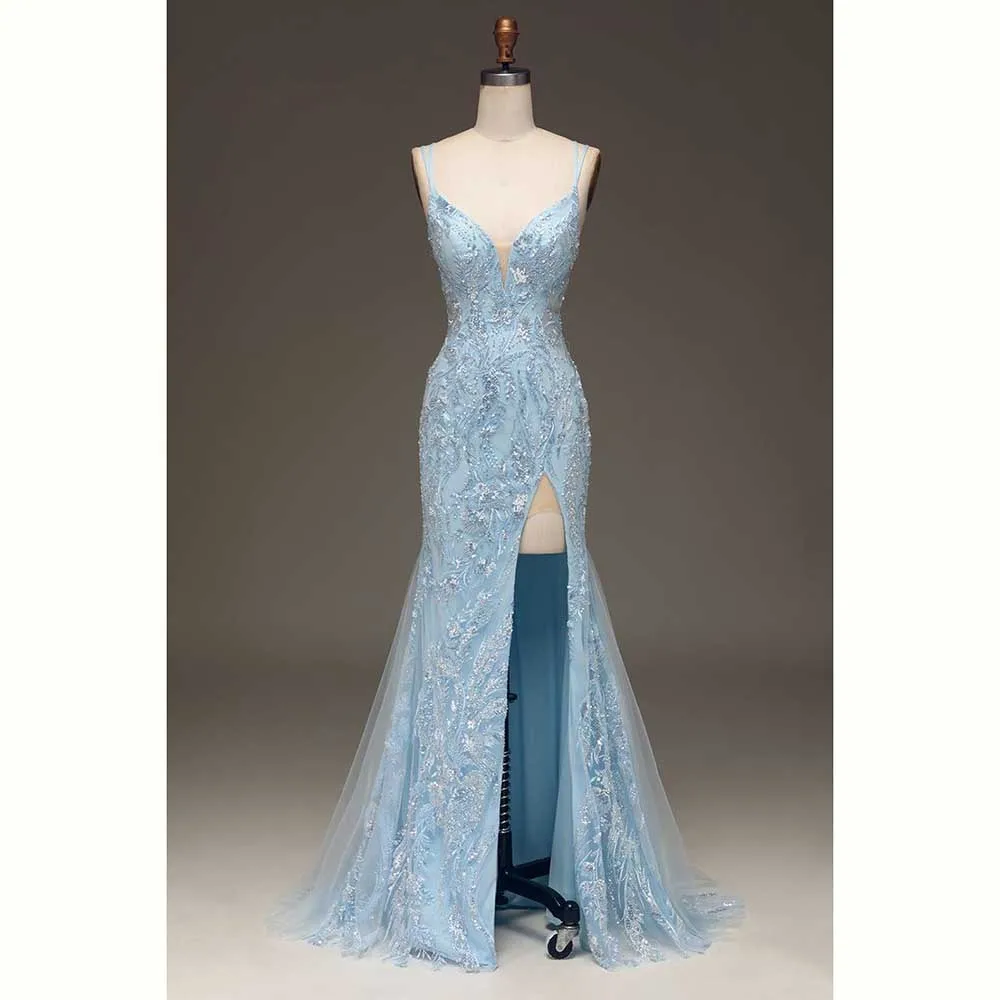 Женское атласное платье до пола Элегантное синее с разрезом сбоку сексуальное