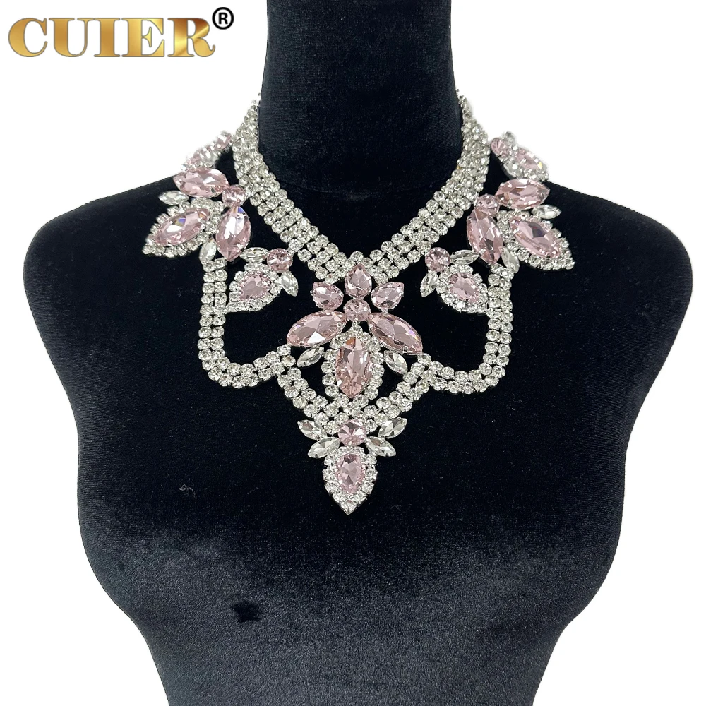 

CUIER Elegant Pink Glass Gemstones Necklace Women Jewelry Wedding Big Size SS28 Rhinestones Crystal Drag Queen Stage Accessories