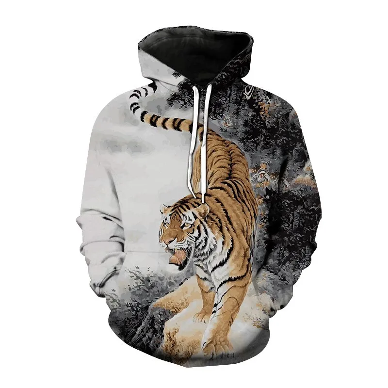 

2023 New Men tiger Hoodie autumn Fashion 3D interesting landscape Printing Loose Sweatshirt Long Sleeve Pullover Hooded Sweaters