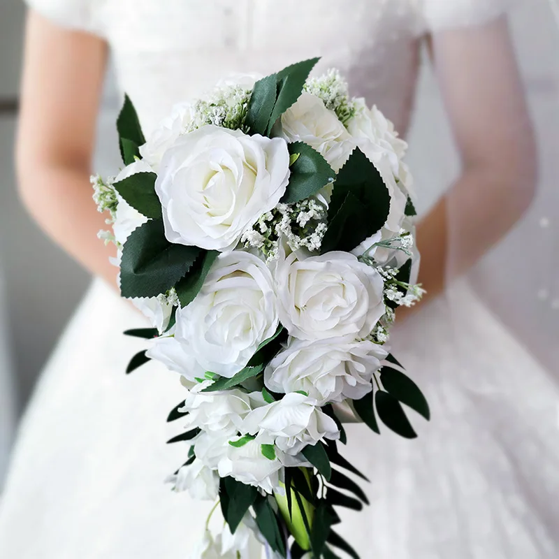 

Bridal Water Drop Hand Holding Fresh White Rose Bouquet CHD20929