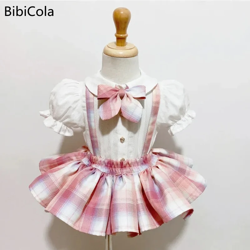 

2022 летний детский комплект одежды, милый костюм для маленьких девочек, новый летний джемпер для девочек + клетчатая юбка, костюм из 2 предмет...