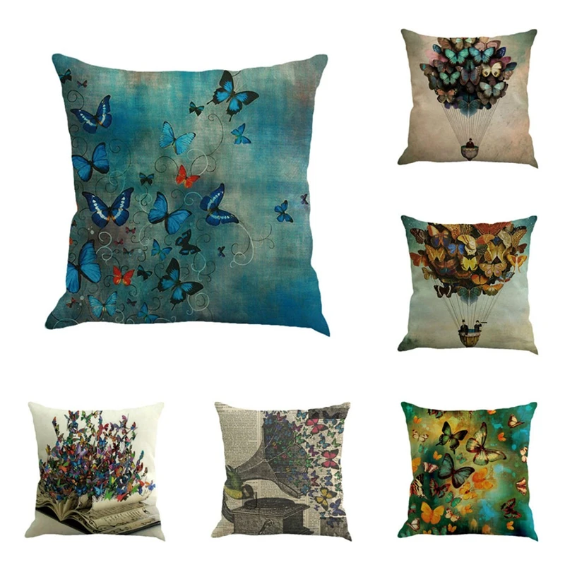 

6 PCS Butterfly Painting Pillowcase Linen Pillow Cover Waist Pillowcase Home Decor Square Cushion Cover Pillow Case