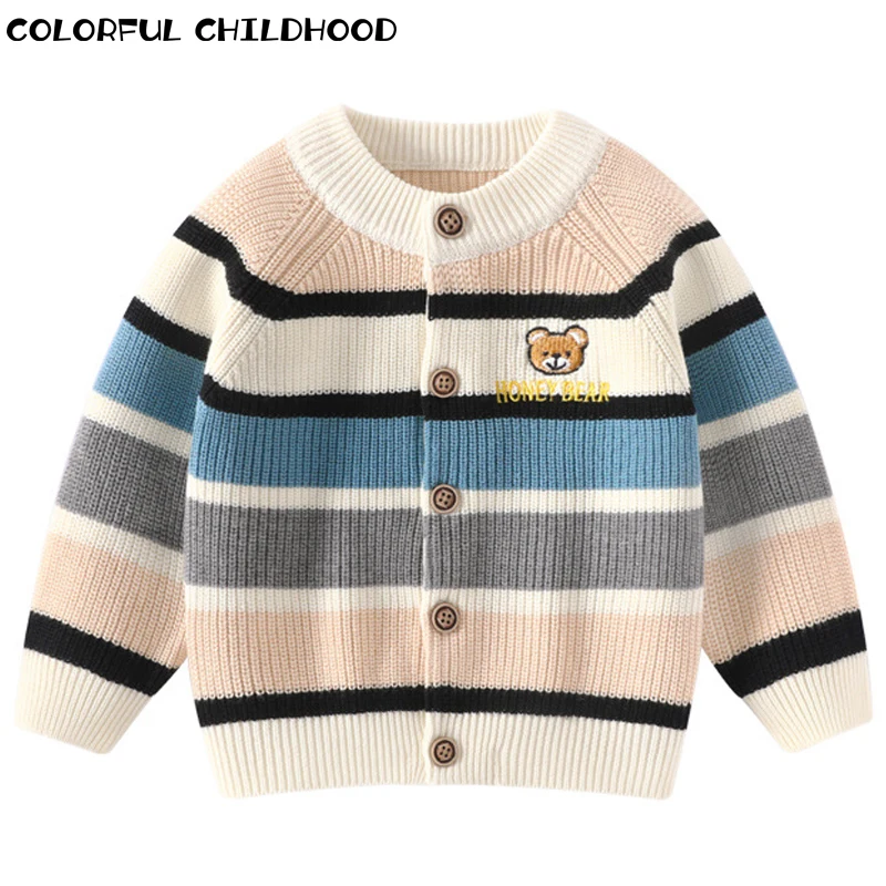 

Colorful Childhood Boys Striped Cardigan Spring children's Bear Round Neck Cotton Knitted Sweater Cool Contrast 4231