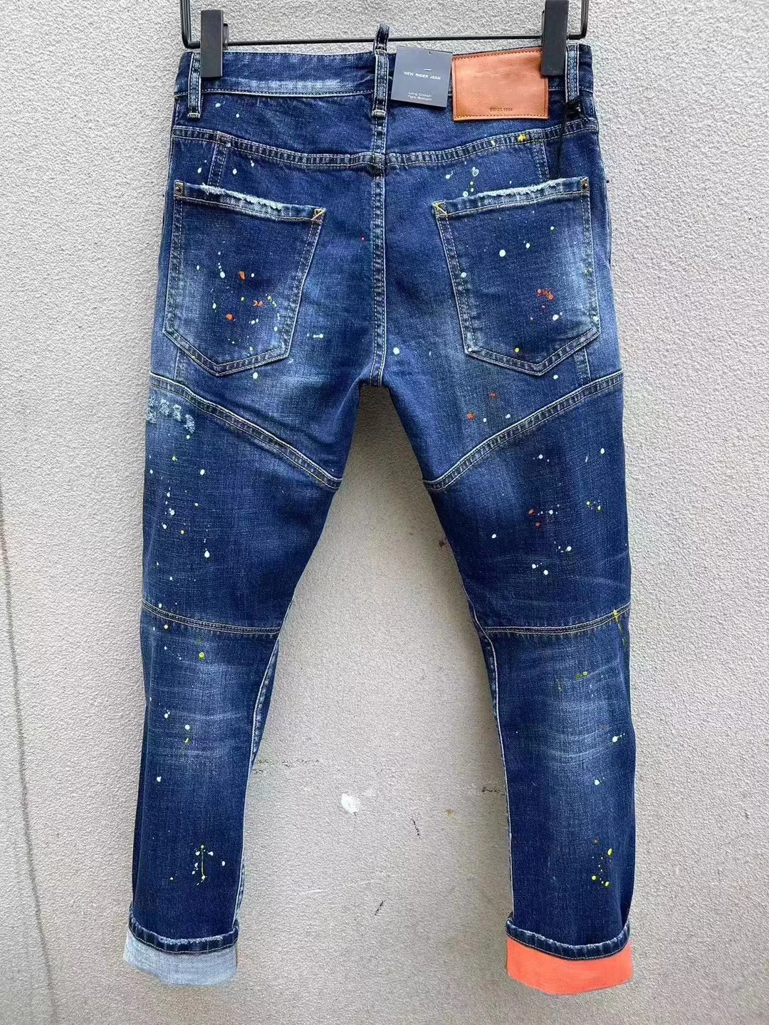 2023 Spring and Autumn New  Fashion Men's Wash Blue Slim Fit Worn Hole Patch Slim Fit Straight Barrel Jeans Men