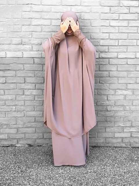 Women 2 Piece Set Hooded Muslim Dress Eid Prayer Garment Jilbab Abaya Long Khimar Full Cover Ramadan Gown Abayas Islamic Cloth 2