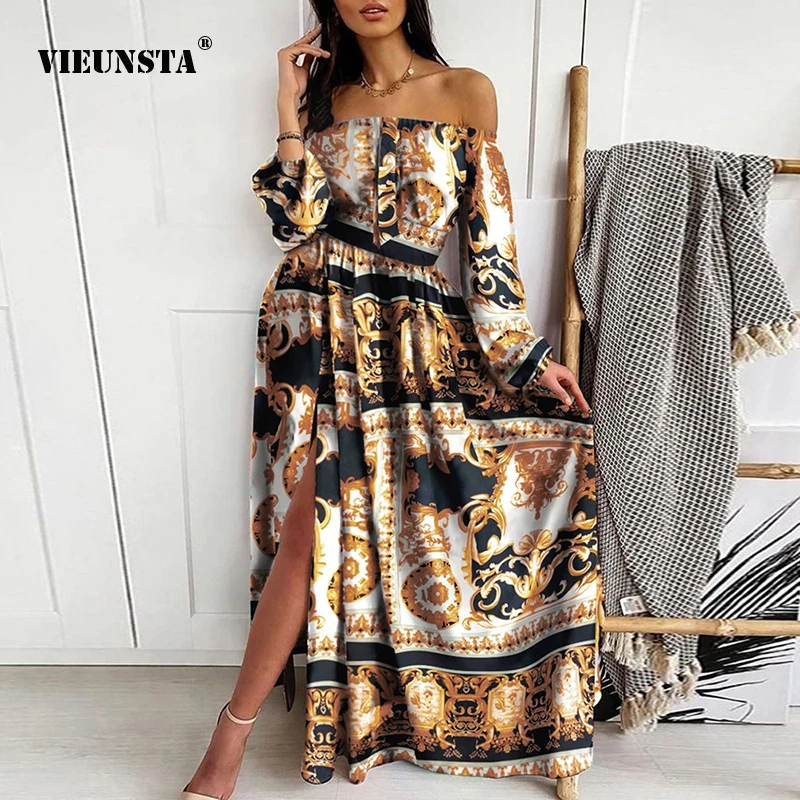 

2022 Spring Women's Elegant Irregular Long Dress Fashion Sexy One-Shoulder Retro Printed Long Sleeve Large Swing Slit Long Skirt