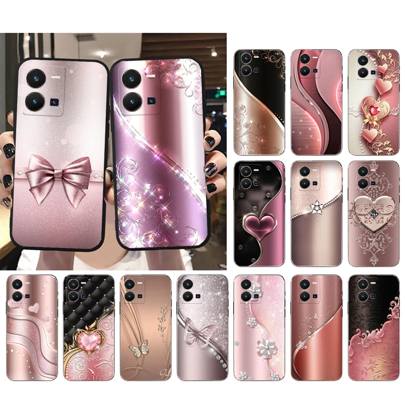 

Love Bow Gold Rose Heart Phone Case for VIVO Y53S Y33S Y22S Y11S Y31 Y21 Y70 Y20 Y21S Y72 Y35 Y51 Y01 V23E V21 V23 V21E Funda