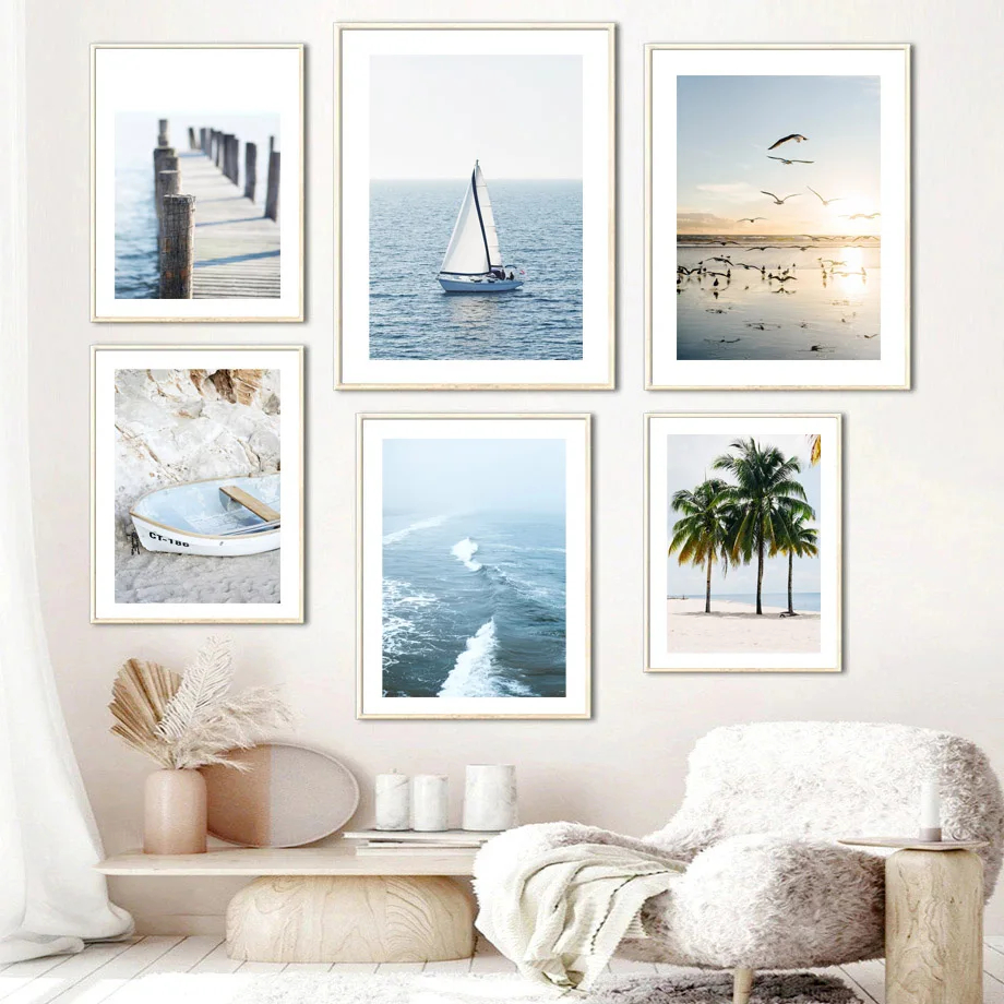 

Sailing Beach Palm Tree Bird Waves Landscape Wall Art Canvas Painting Nordic Posters And Prints Pictures For Living Room Decor