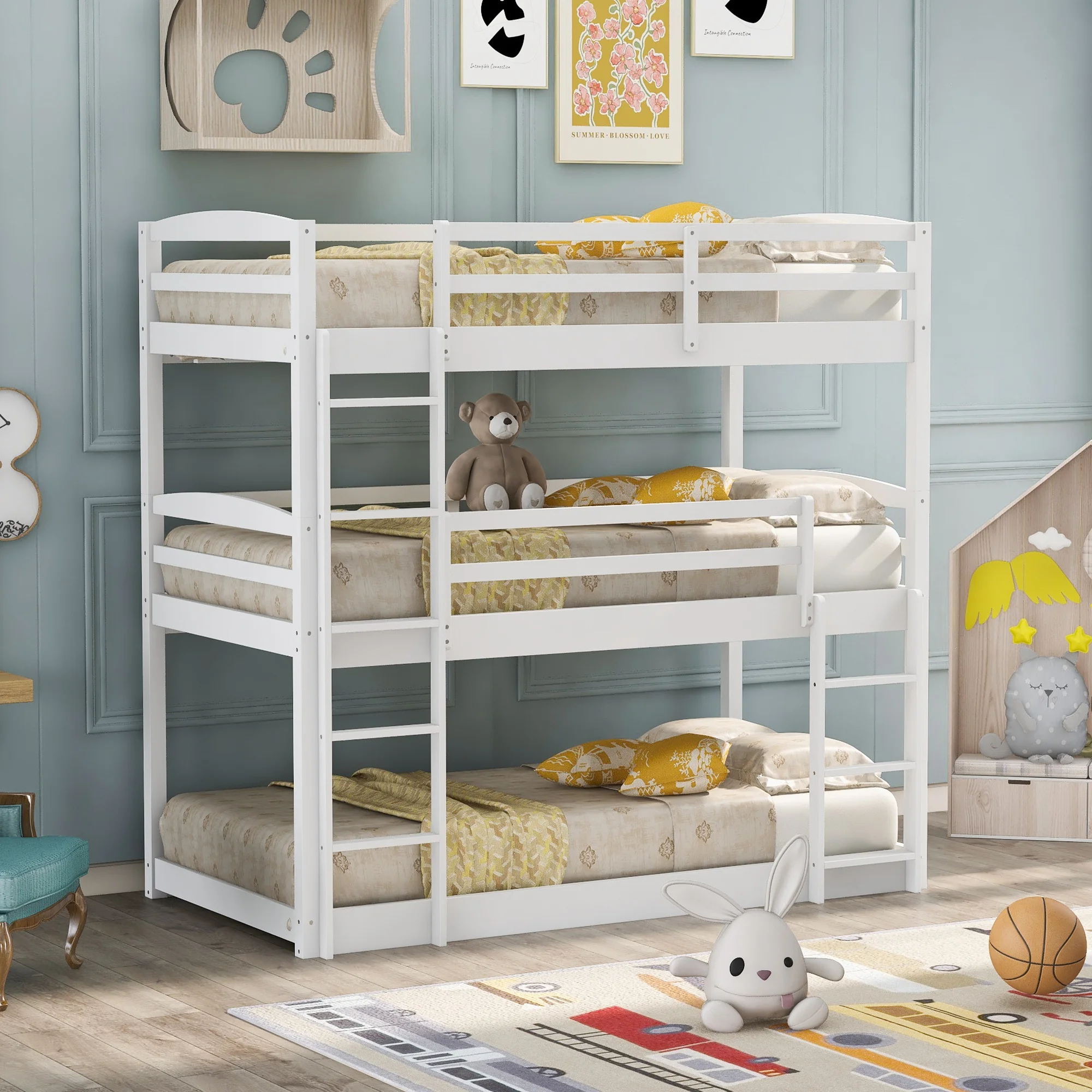 

Twin over Twin over Twin Triple Bunk Bed，White