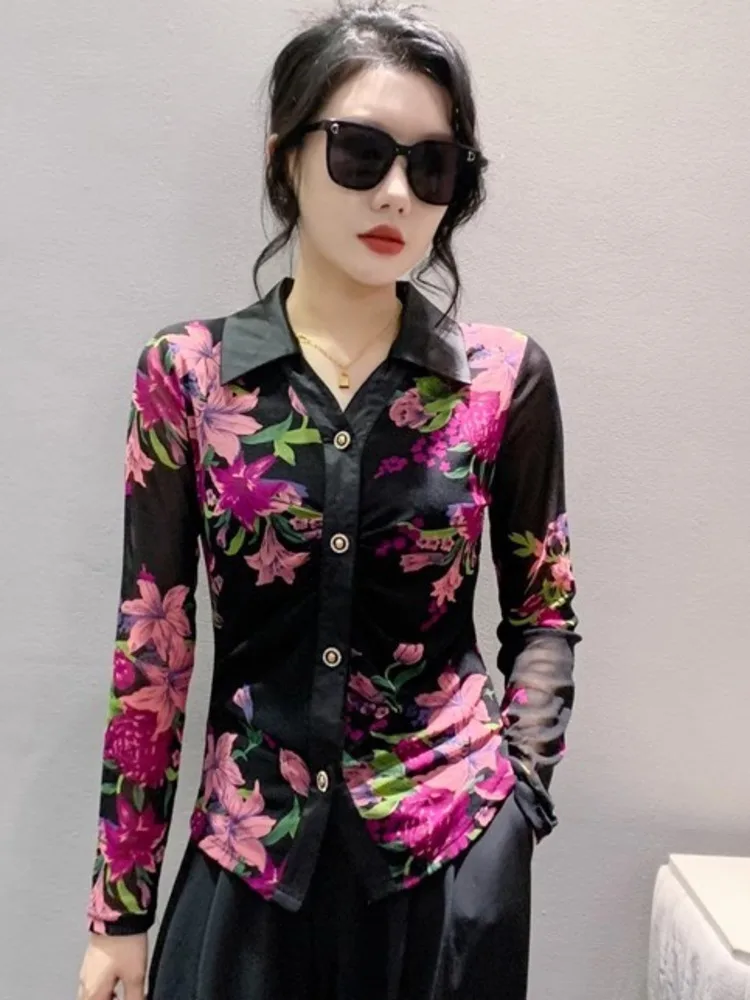 #7364 сетчатая рубашка с цветочным принтом Женская облегающая короткая отложным