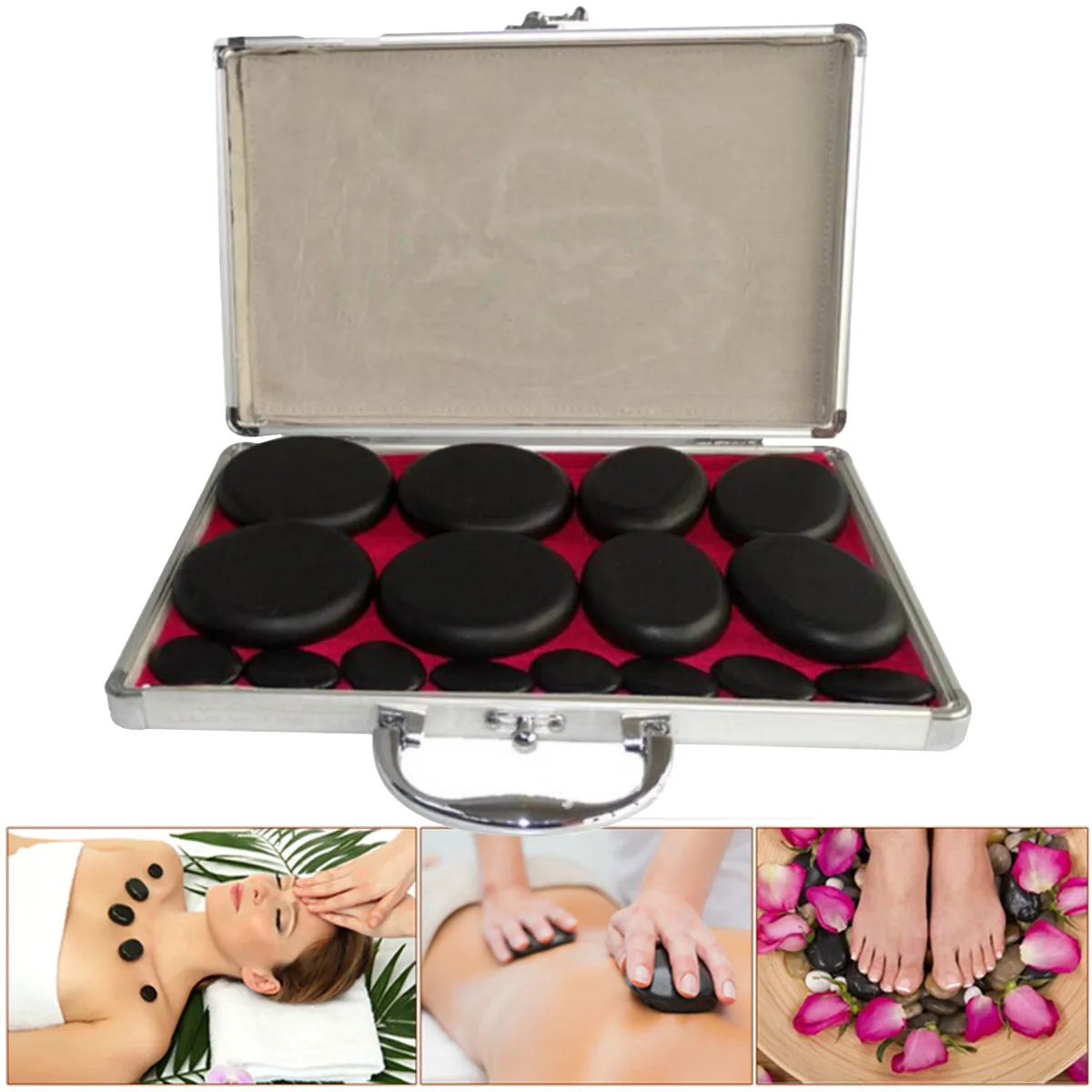 

220V Hot Stone Massage Set 16pcs/set Heater Box Heated Case Relieve Stress Back Pain Health Care Acupressure Basalt Stones