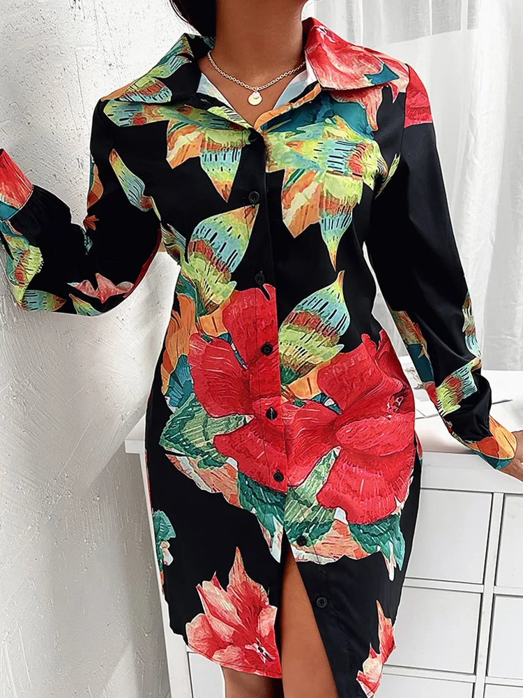 

Женское платье-рубашка с V-образным вырезом, длинным рукавом