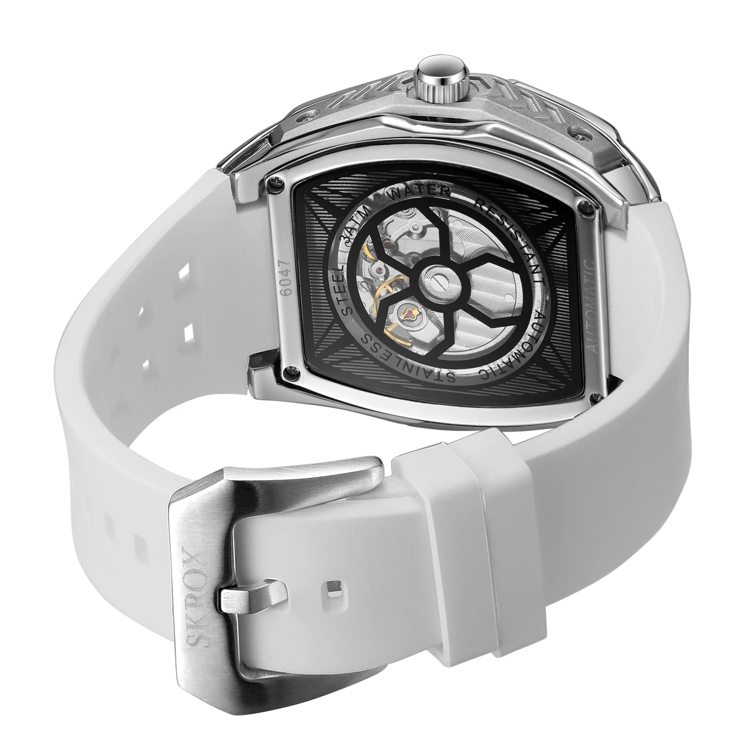 Фото SKROX Роскошные Tonneau Moon Phase Tourbillon с автоматическим механизмом, механические мужские часы высокого качества, водонепроницаемые силиконовые часы в стиле милитари №5