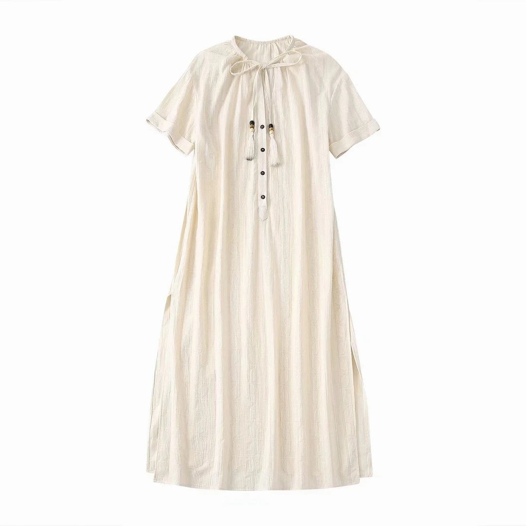 

Summer Dress Women 2022 New Fashion Short Sleeve Textured Material Tassel String Mid-Calf Feminino Vestido